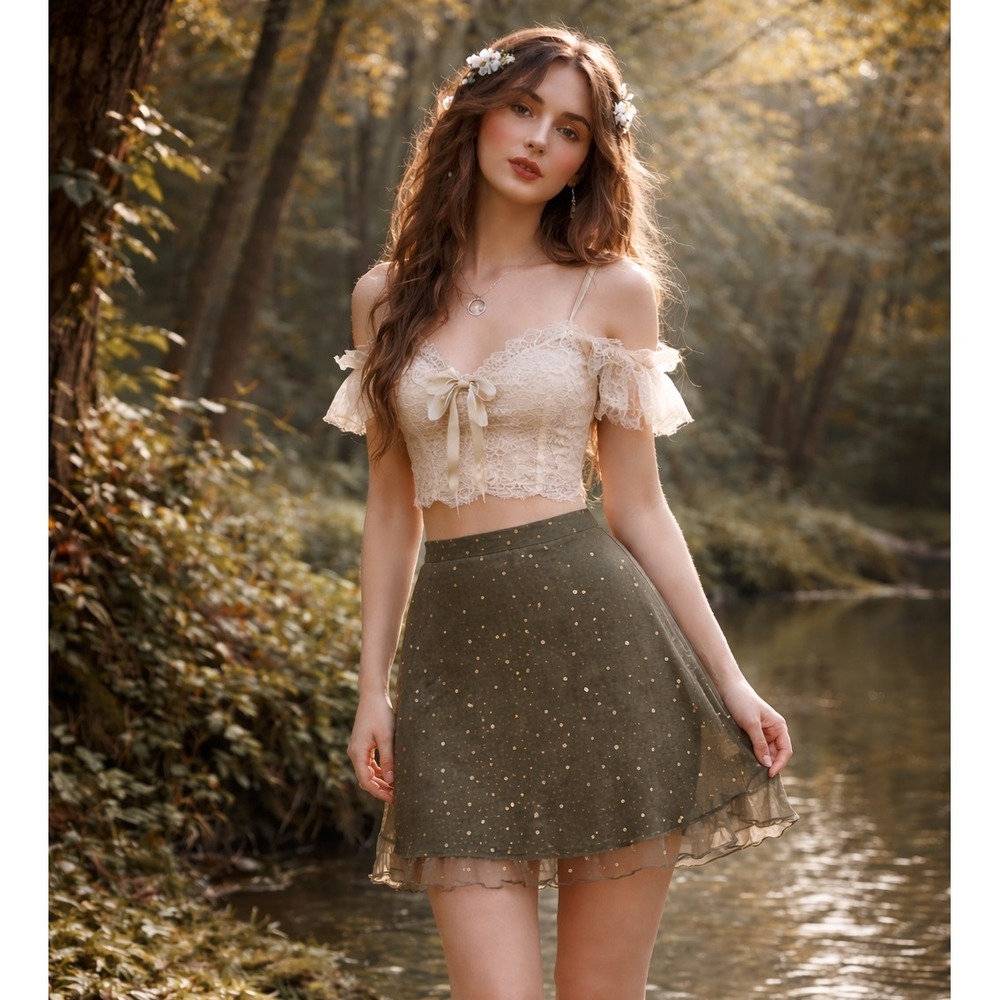 VTG Y2K XOXO Olive Mesh Mini Skirt Gold Glitter Dot LRG Fairy Grunge Indie 90s